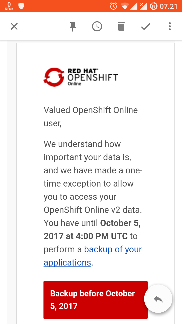 openshift 2 shut down email notification