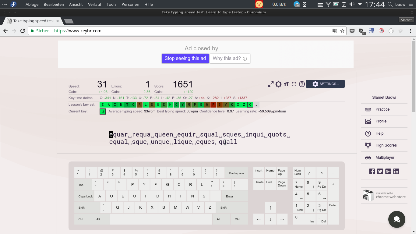 keybr typing training for dvorak