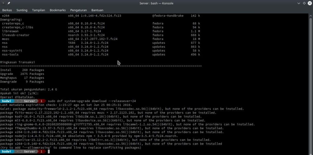 upgrade fedora 24 kde via konsole